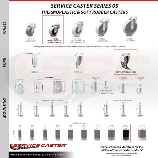Service Caster 2 Inch Thermoplastic Rubber Wheel 1-3/4 Inch Expanding Stem Caster with Brake SCC-EX05S210-TPRS-SLB-134 - main